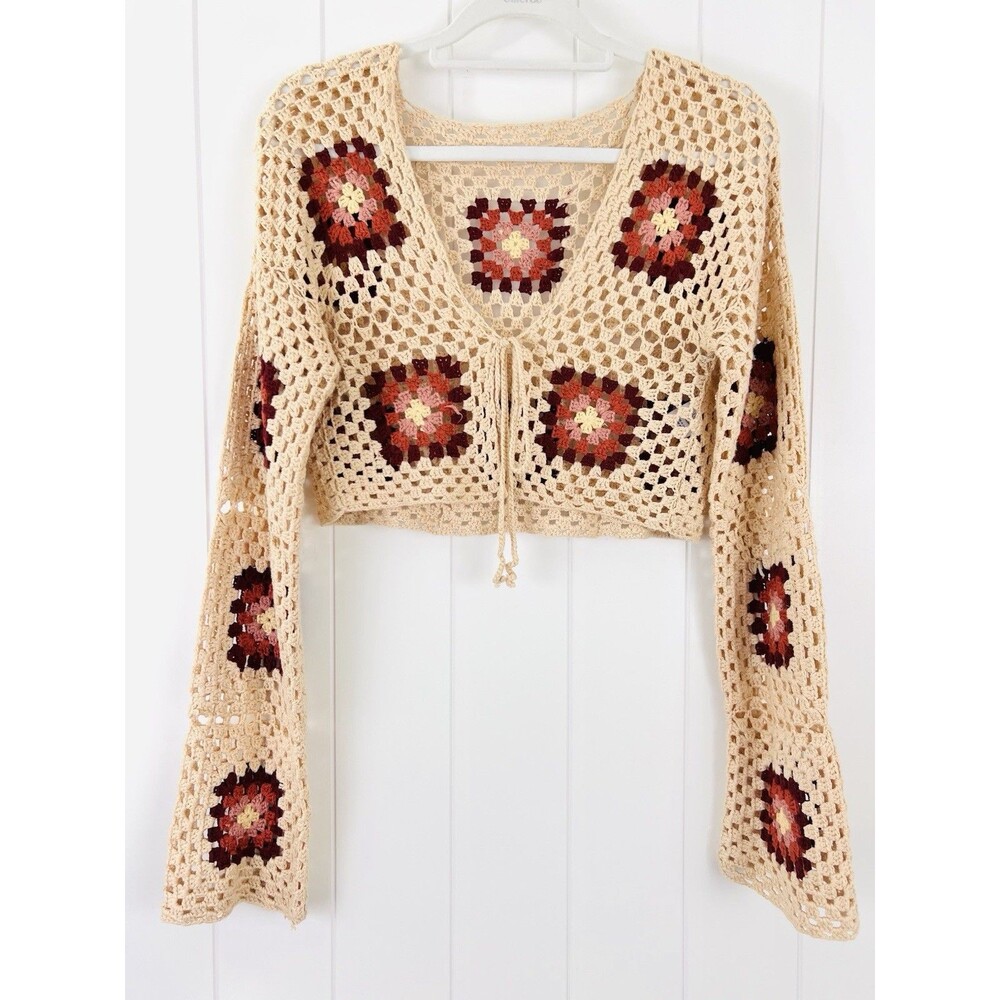 Brown & Tan Granny Square Flare Sleeve Cropped Sweater Boho Festival Size Large